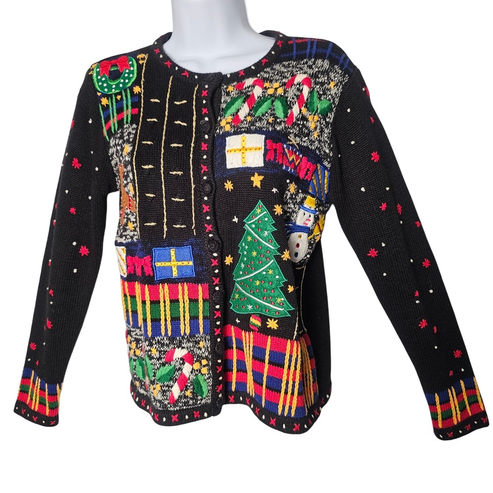 Designers Originals Womens Christmas Cardigan Petite S Black Beaded Grandmacore